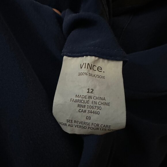 Vince Long Sleeve Silk Tunic Cobalt Blue Flowy V-neck Top with Black Piping - Picture 6 of 6